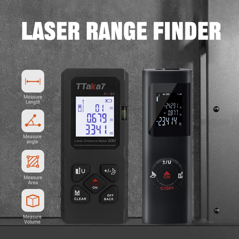 A black laser range finder device is shown next to a power source, with measurement options displayed on the screen.