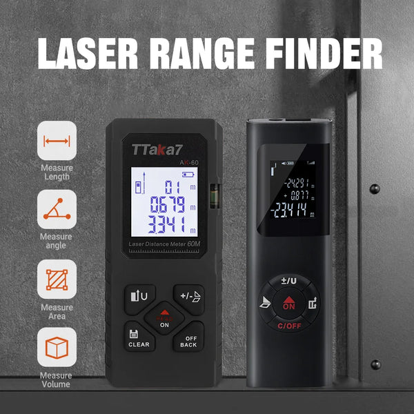 A black laser range finder device is shown next to a power source, with measurement options displayed on the screen.