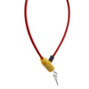 A close-up view of a red heavy duty bicycle and motorcycle anti-theft cable lock with a metal shackle.