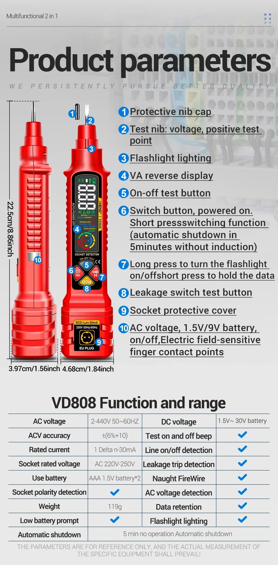 Product parameters and features for a multi-functional AC/DC voltage tester tool.