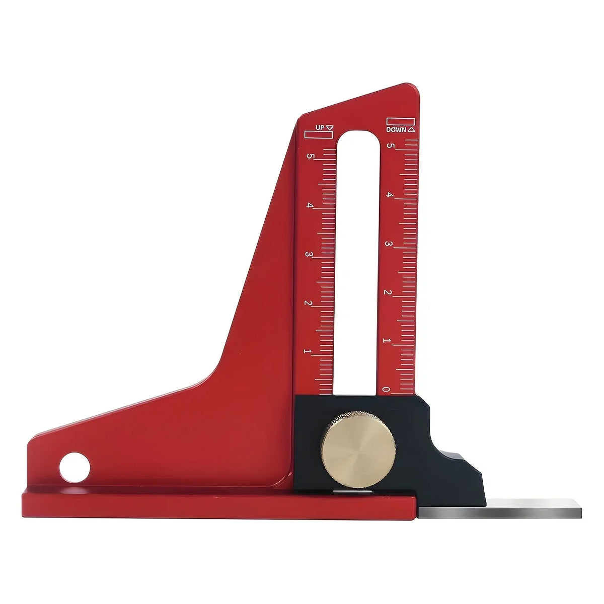 A red precision depth gauge with a graduated scale and a metal blade for woodworking.