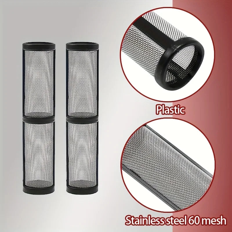 Precision airless spray filter kit showing plastic and stainless steel mesh filters.