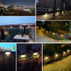 Various outdoor scenes showing solar powered deck and pathway lights illuminating landscapes and walkways.