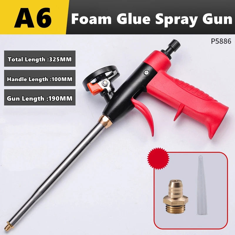 A black and red foam glue spray gun with various parts shown, including a nozzle and plunger.