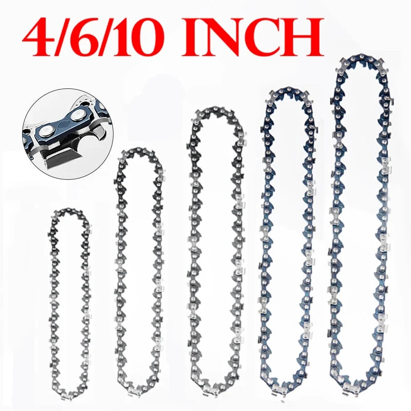 Set of four replacement mini electric chain saw chains in various lengths and finishes