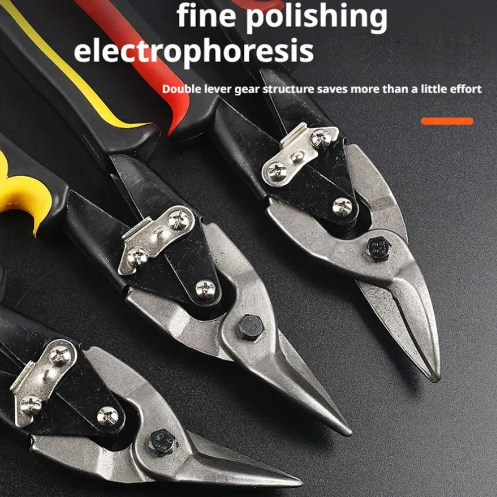Close-up view of fine polishing electrophoresis pliers and tin snips shears for metal cutting tools