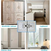 Various views of a white wardrobe cabinet and cupboard door showing hinge mounting plates and interior design context.