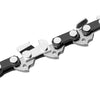 A close-up view of a mini electric chain saw with replacement chains and metal components.