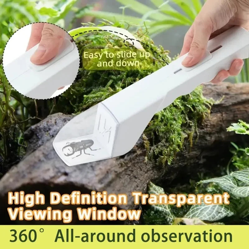 A white handheld transparent viewing window insect trap is shown being held over mossy wood.