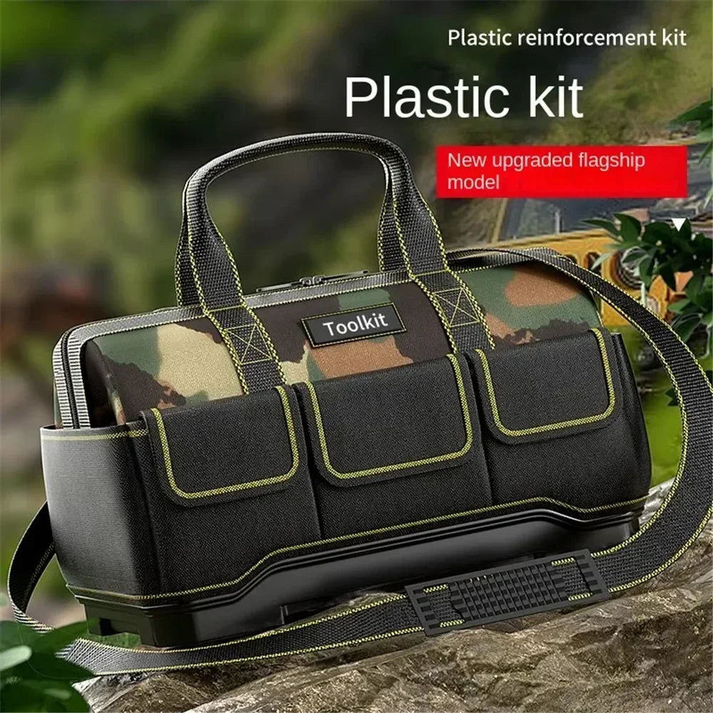 A black and olive green plastic toolkit bag with a camouflage pattern is shown on a rock.