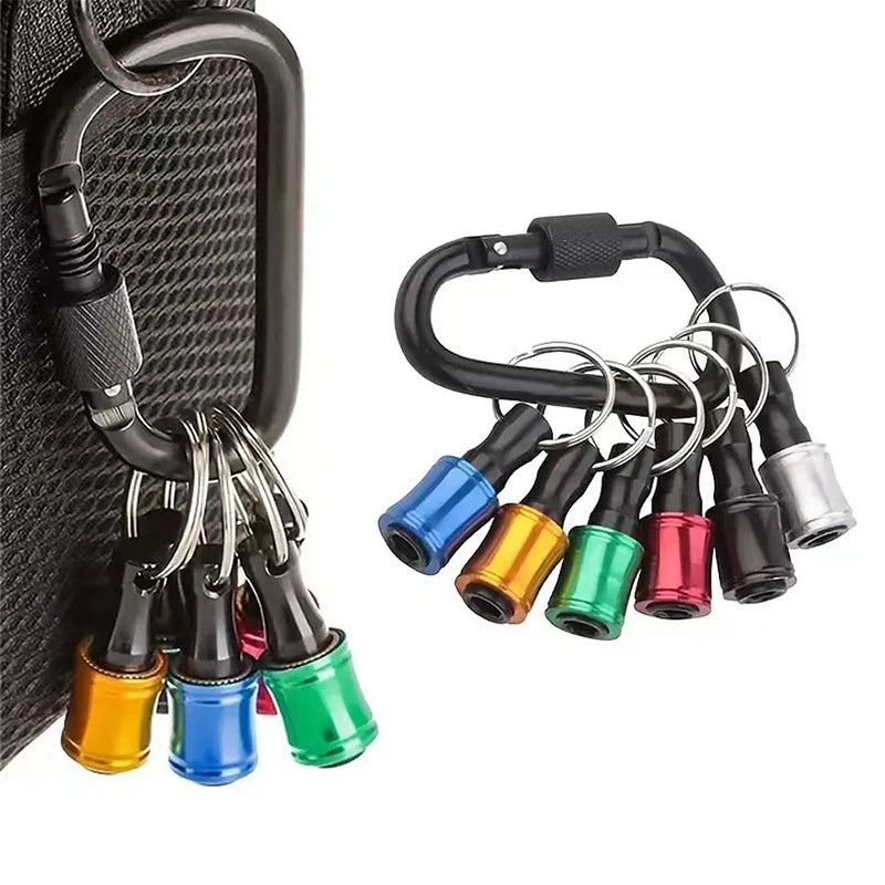 A black screwdriver bit holder with multiple hex shank bits in various colors like blue, green, and red.