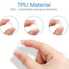A hand is shown holding a clear TPU material ring sizer, demonstrating its soft and elastic properties.