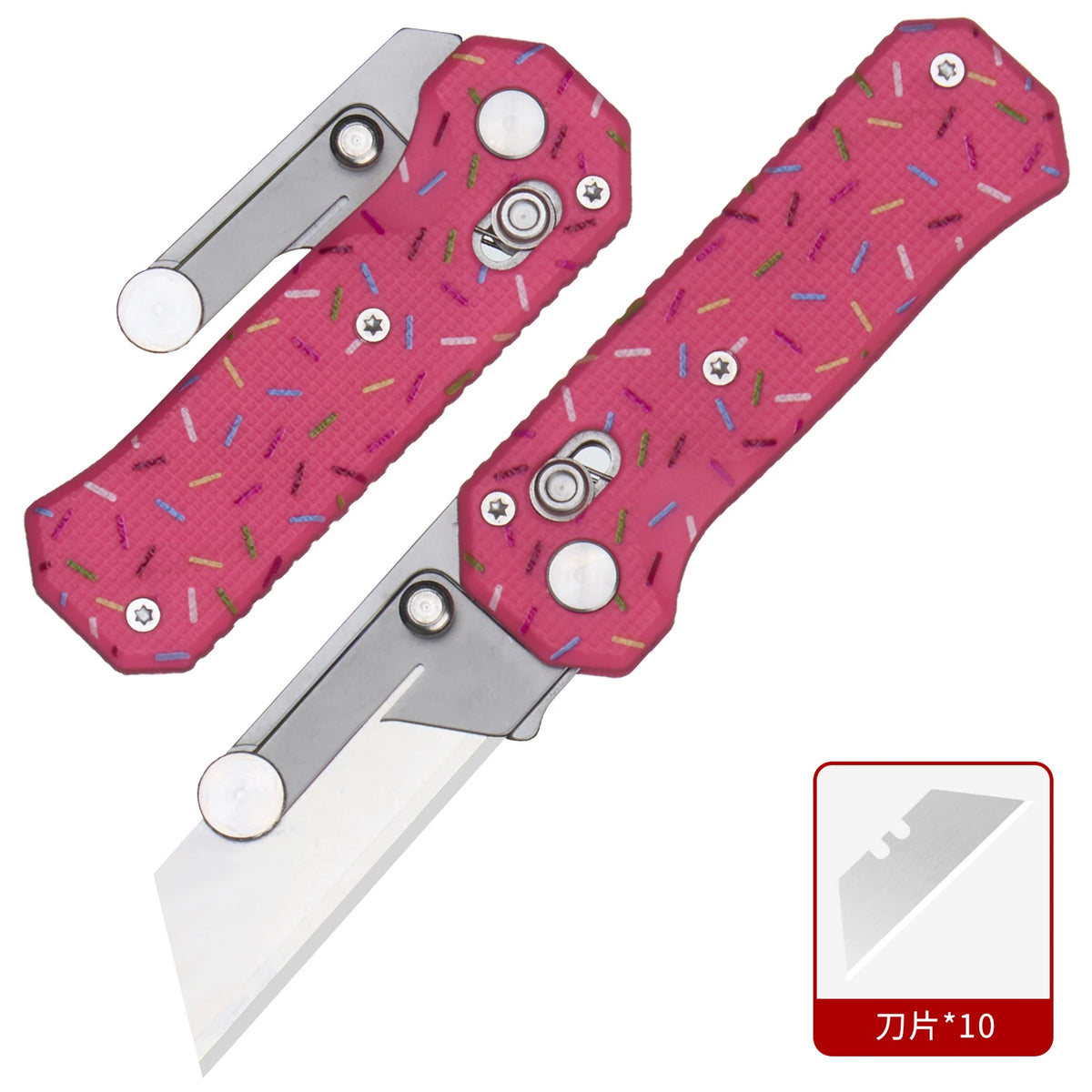 A pink patterned folding steel utility knife with a silver blade and handle.