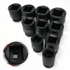 A set of black universal impact socket adapters shown in various angles and sizes.