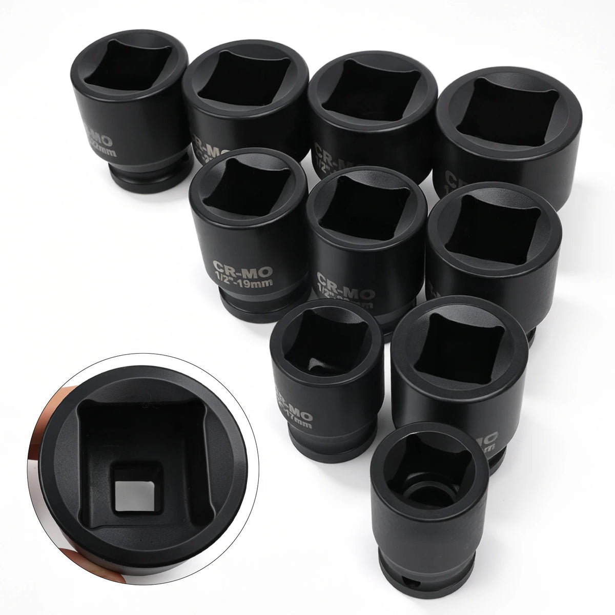 A set of black universal impact socket adapters shown in various angles and sizes.