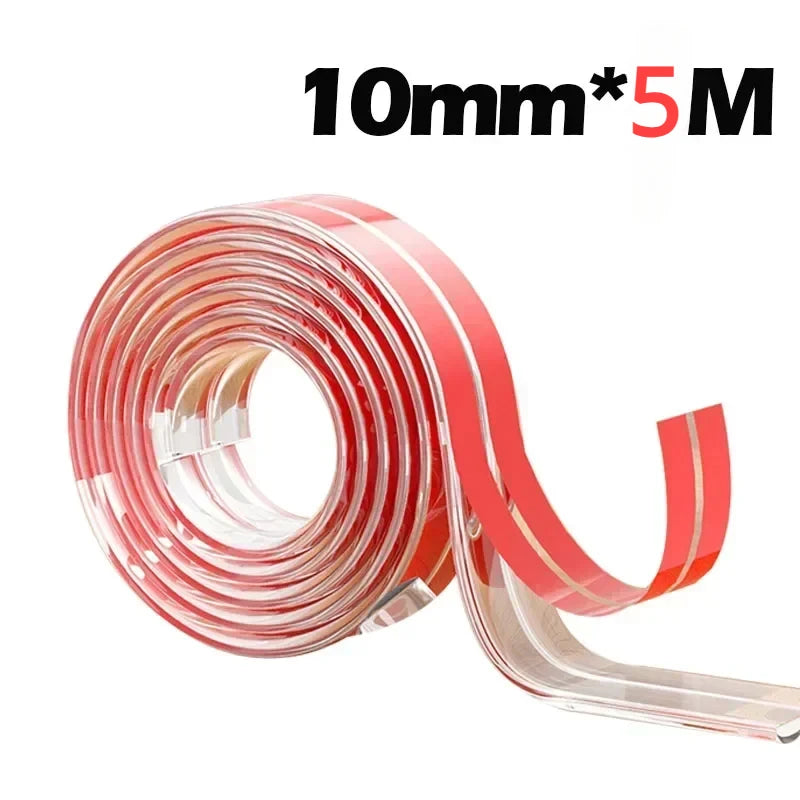 Roll of 10mm wide, 5-meter long transparent PVC baby safety edge guards.