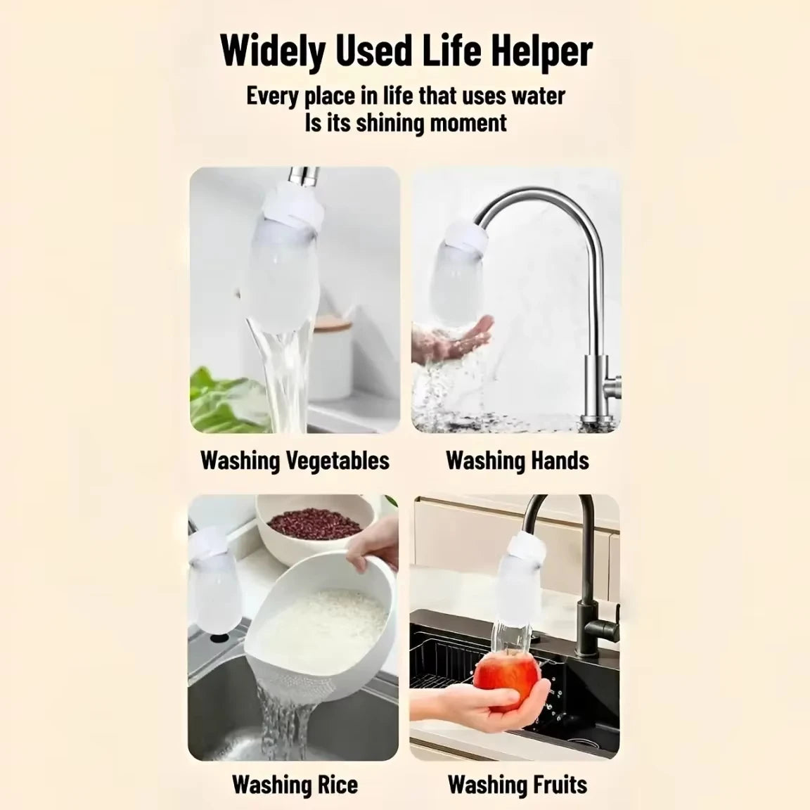 Images show a widely used life helper faucet filter sleeves being used for washing vegetables, hands, rice, and fruits.
