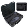 A black waterproof hard carry case with an open lid showing internal compartments and accessories.
