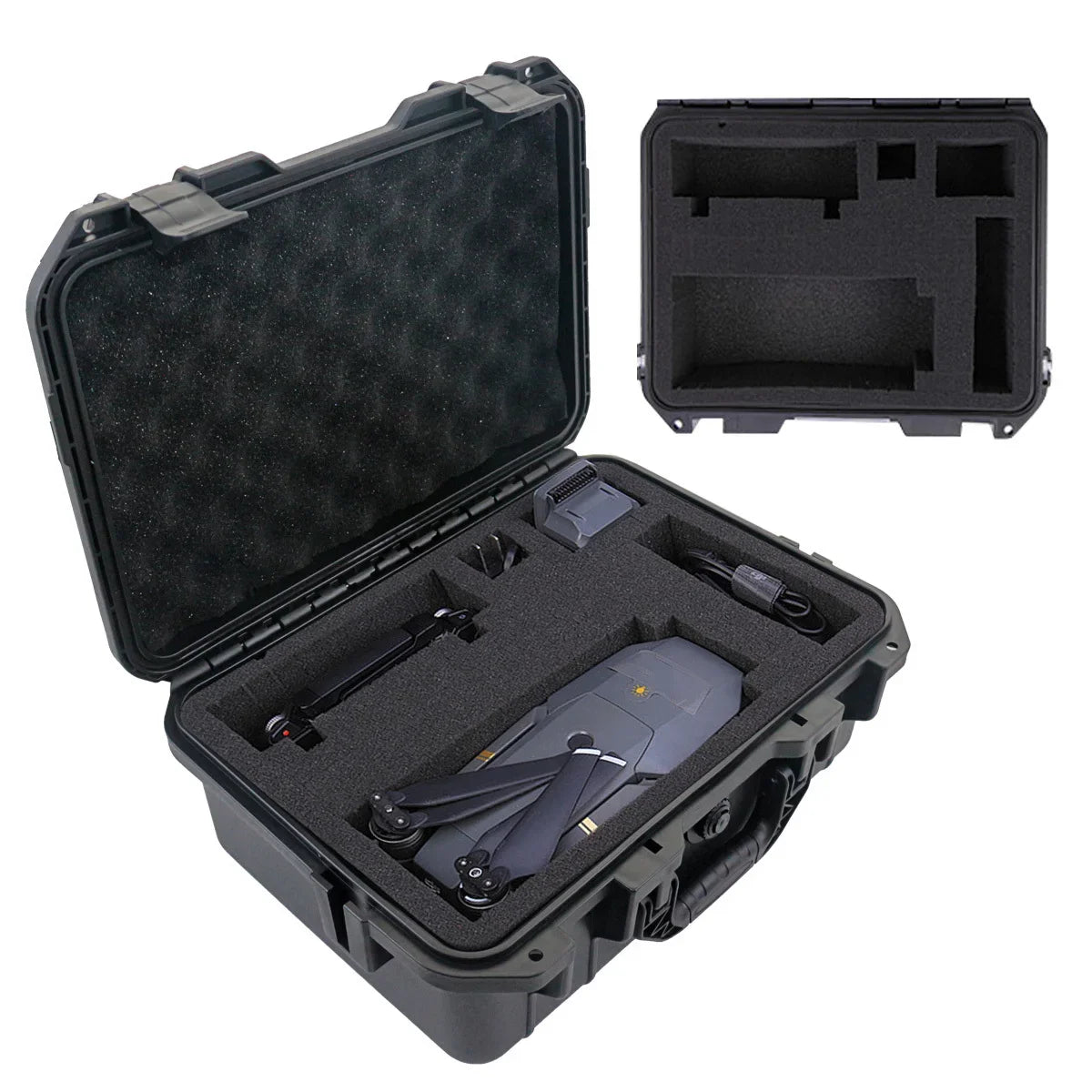 A black waterproof hard carry case with an open lid showing internal compartments and accessories.