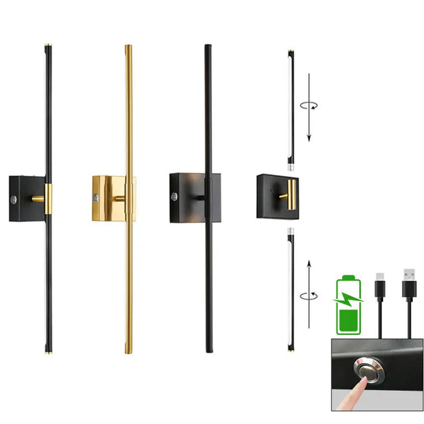 A black and gold LED wall sconce with a rotatable head and remote control shown in various angles.