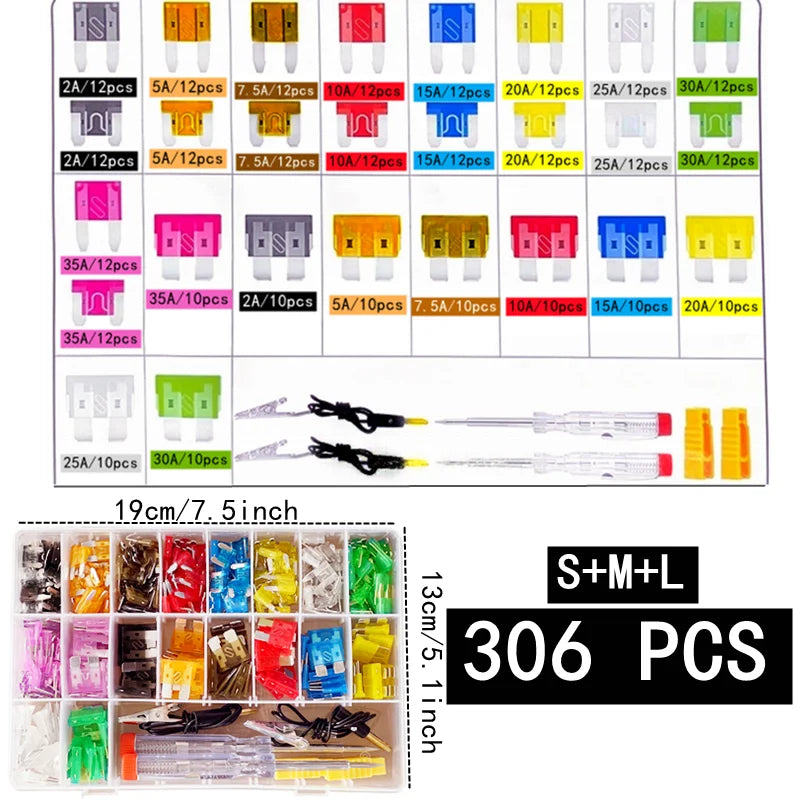 A collection of precision car fuse combination kits in various sizes and colors, including different amperage ratings.