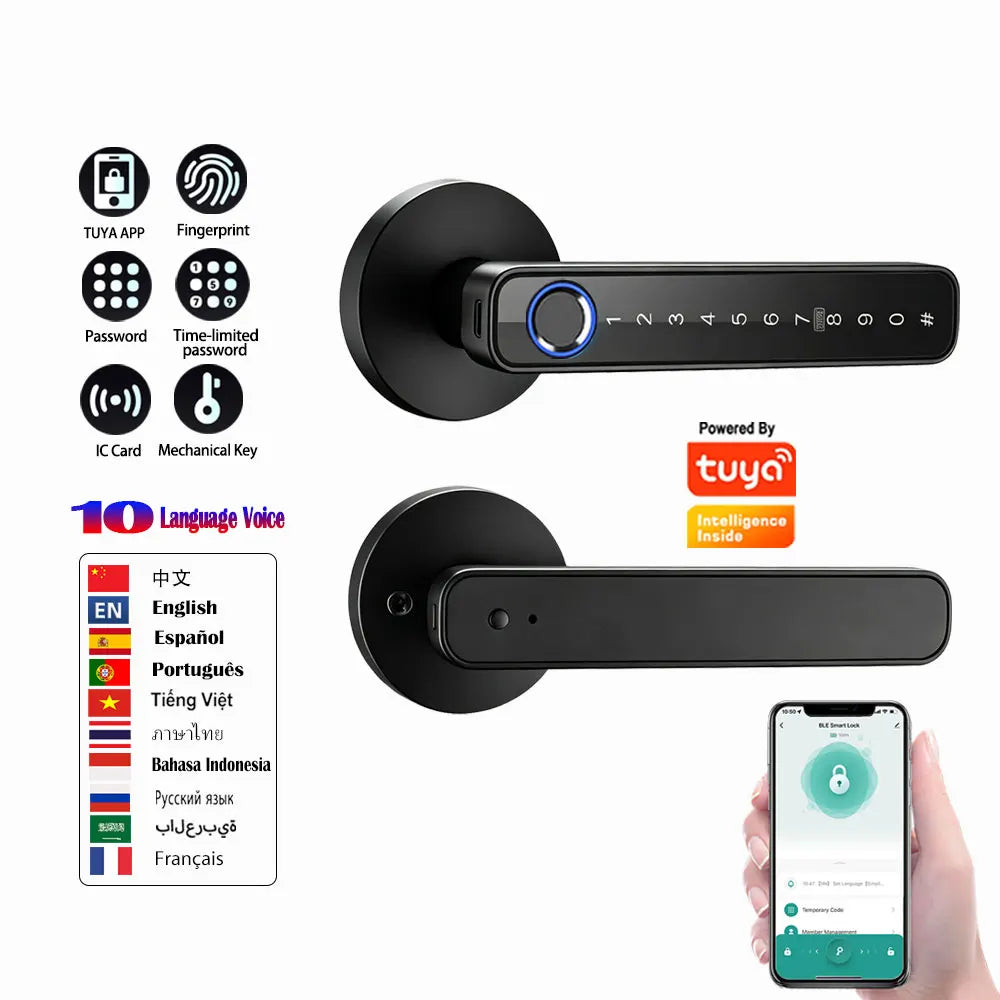 A black smart digital lock with a keypad and fingerprint sensor, shown alongside various access methods.