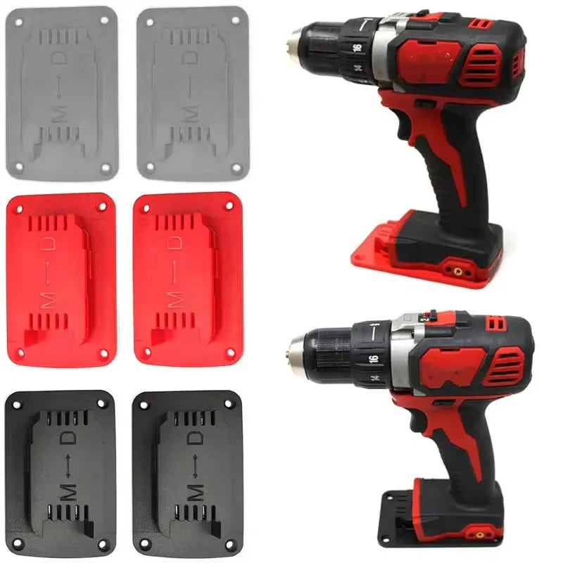 A set of heavy duty electric tool holder racks for power tools in black and red plastic.