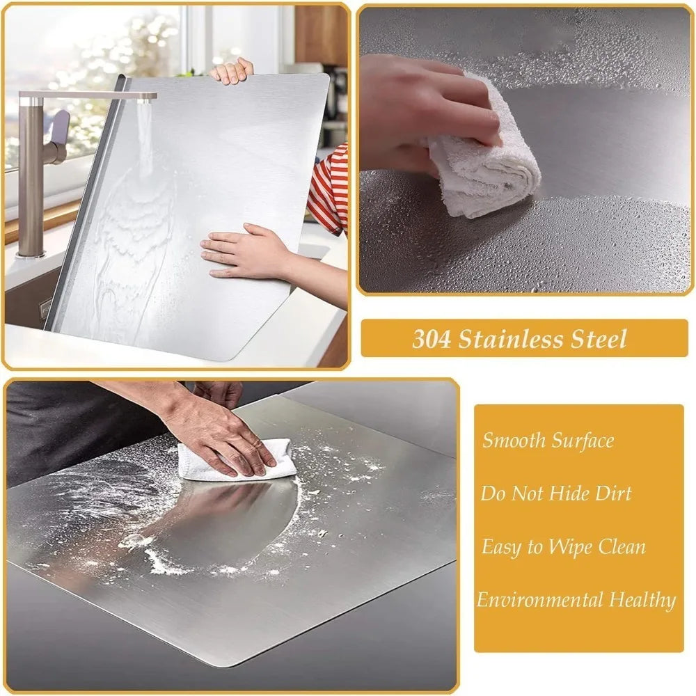 A stainless steel cutting board is shown being cleaned with a cloth, highlighting its smooth surface and durability.