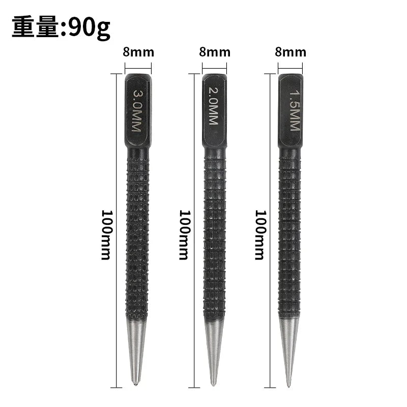 A set of three automatic centre punch tools with varying tip sizes and lengths, shown against a white background.