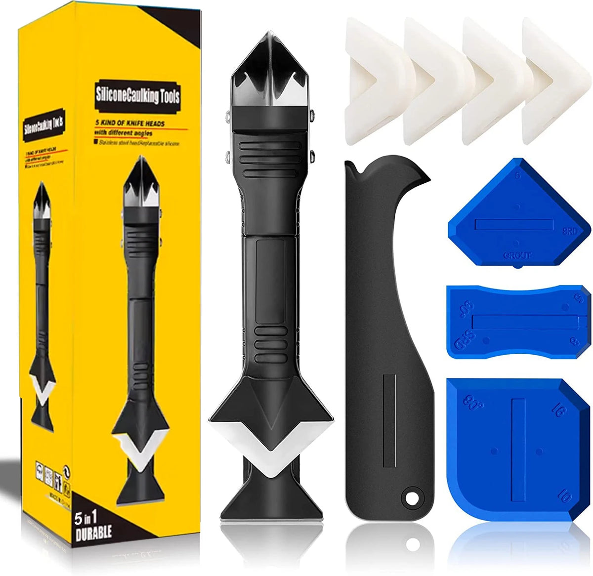 A yellow box displaying a 5-in-1 silicone caulking tool kit with various silicone head shapes and tools.