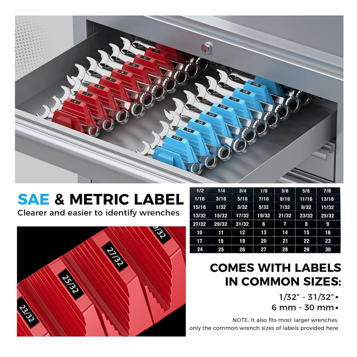 A close-up view of a modular magnetic wrench organizer system with various sized labels in red, blue, and silver.