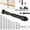 A set of 36 hand drill bits and various precision drill bits for drilling tasks.