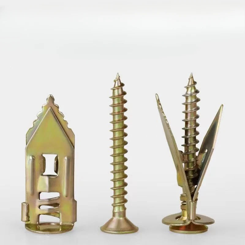 A set of self-tapping expansion anchors for drywall and gypsum board, shown as metal fasteners.