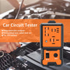 An orange car circuit tester device with a black casing is shown next to a hand working on an engine component.