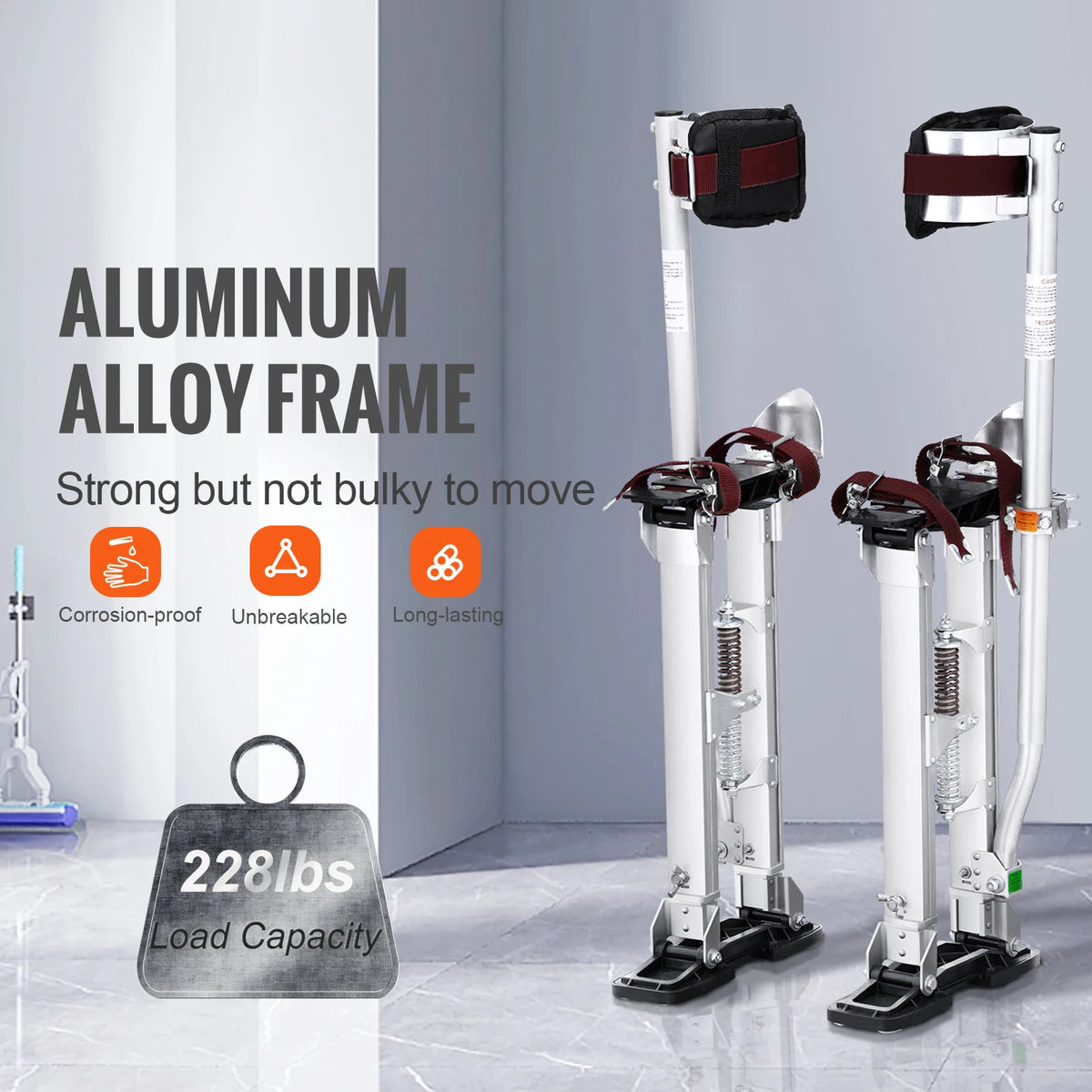 A pair of silver aluminum alloy drywall stilts with knee pads shown standing upright.