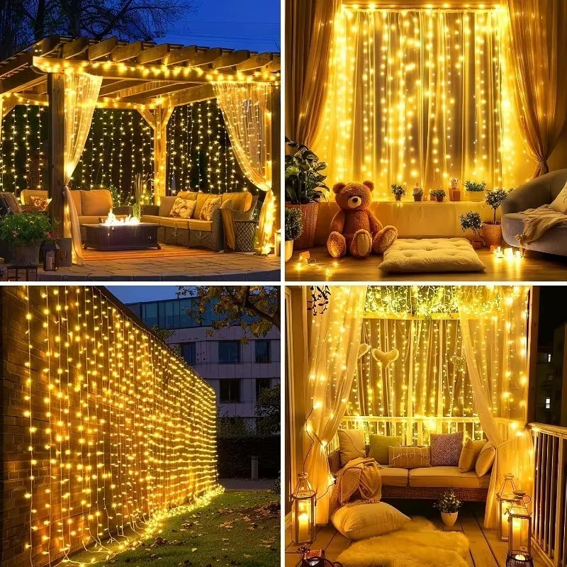 Goldene Fee-Vorhang-Lichter beleuchten eine Außenterrasse und ein Fenster mit durchscheinendem Stoff.