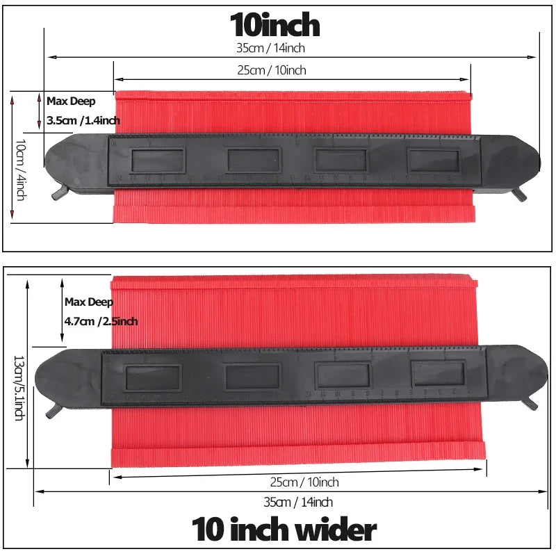 Two profile contour gauges are shown, one 10 inch wide and another 10 inch wider, with dimensions provided.