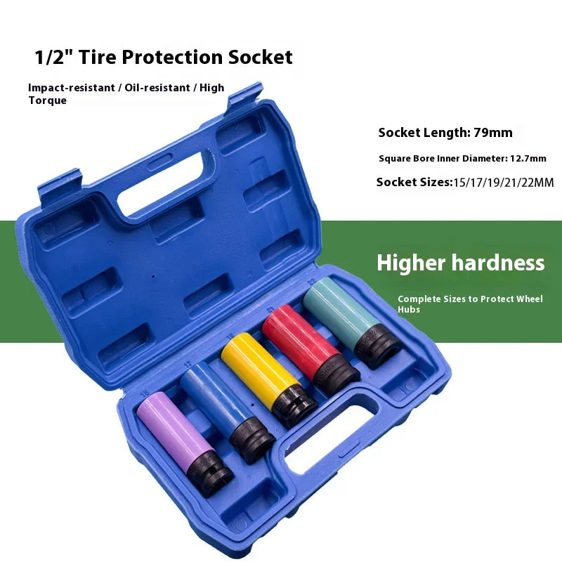 A blue tire protection socket set with various sized sockets for wheel hubs is displayed in an open case.