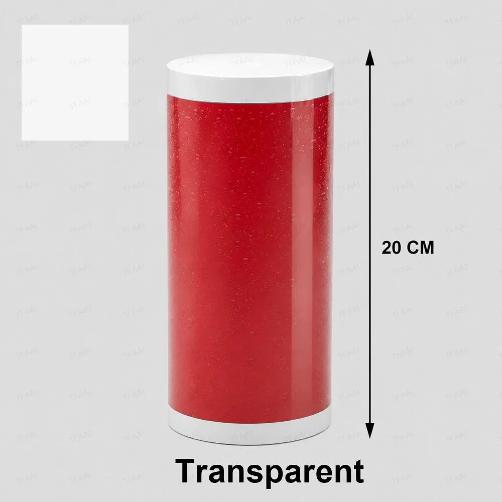 A cylindrical roll of transparent red repair tape with a white cap, measuring 20 cm long.