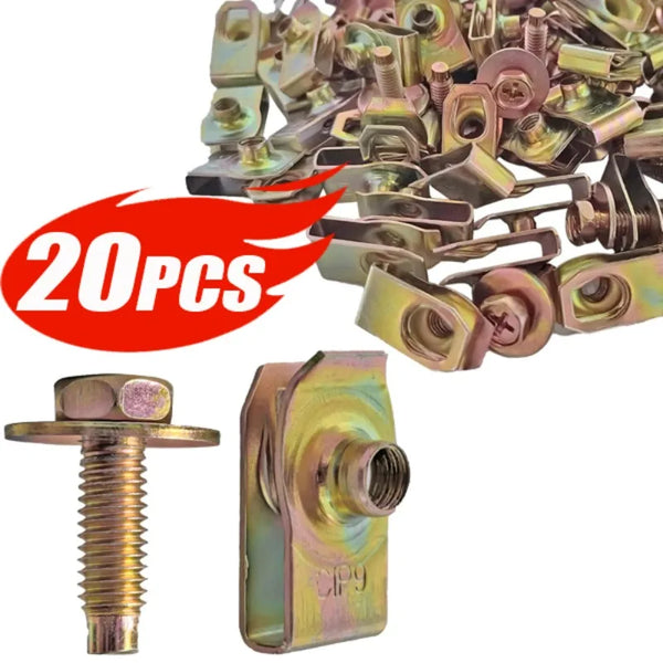 A pile of self-tapping U-clip fasteners and a single metal screw shown for automotive repair.