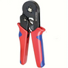 A pair of red and blue professional crimping pliers with an HS8C 6-4A die visible.