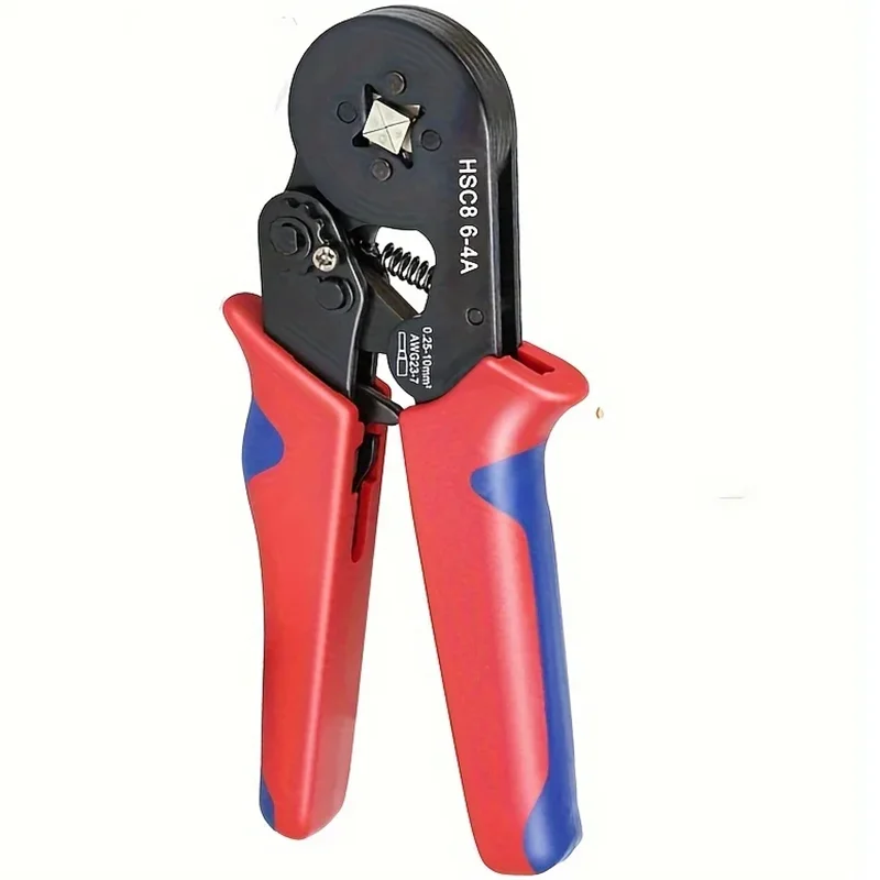 A pair of red and blue professional crimping pliers with an HS8C 6-4A die visible.