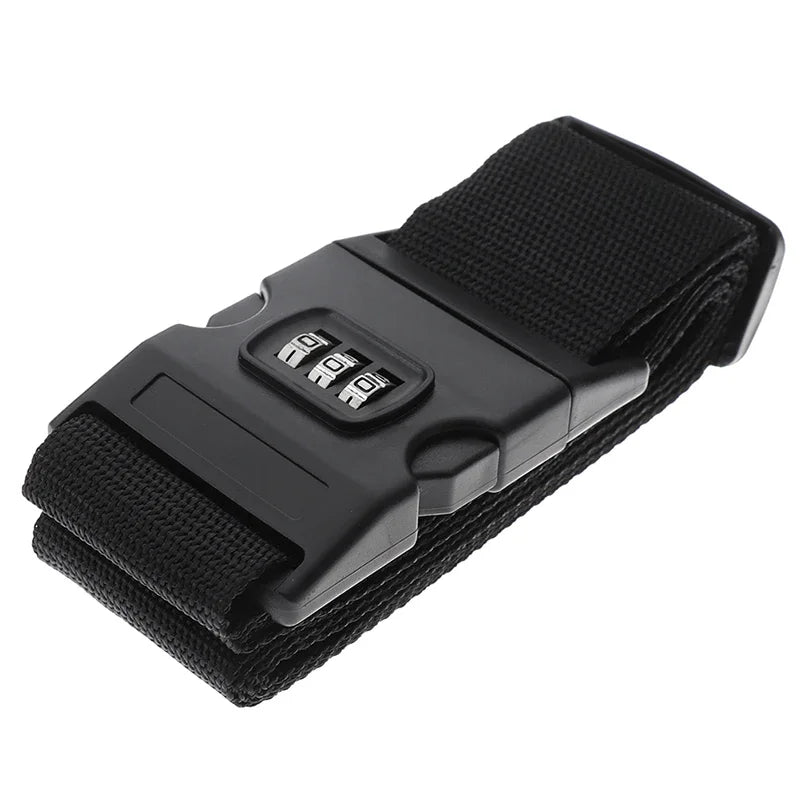 Black adjustable luggage strap with a password lock feature