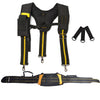 Black and yellow adjustable tool belt suspenders with pouches and a belt.