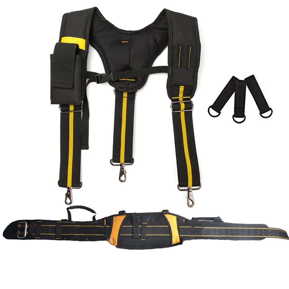 Black and yellow adjustable tool belt suspenders with pouches and a belt.