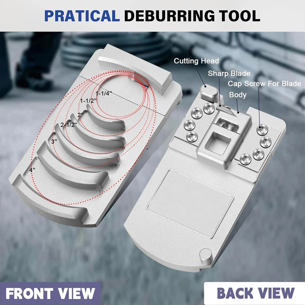 Front and back views of a white precision PVC pipe deburring tool set with a cutting head and sharp blade.