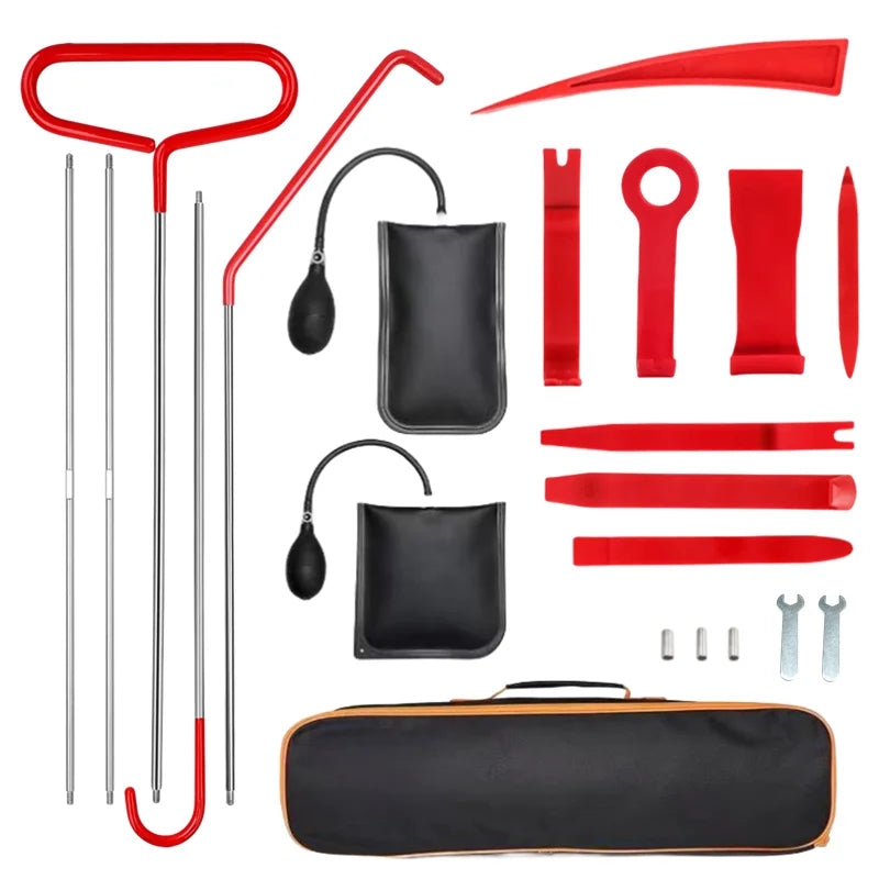 A red and black multi-purpose car door tool kit featuring various tools and an air pump housed in a black case.