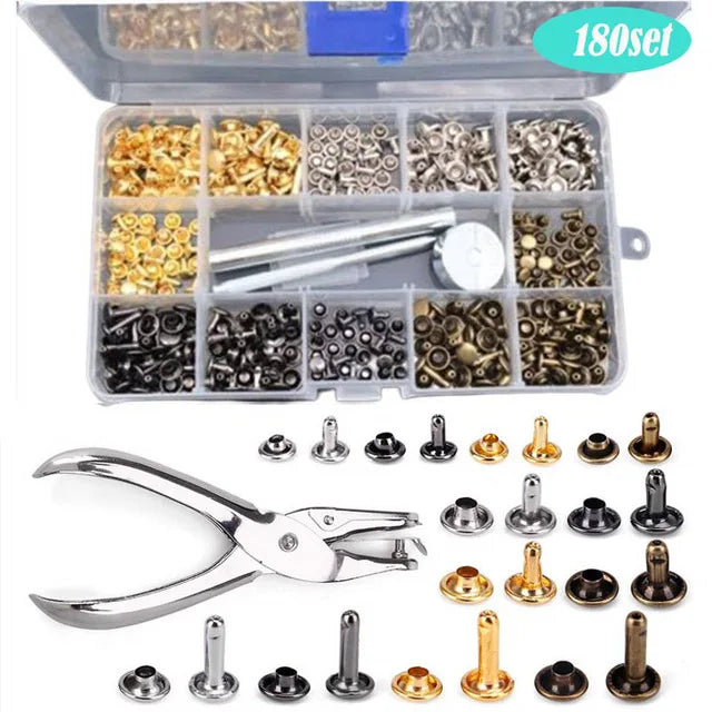 A collection of precision metal rivets, including various sizes and finishes, is displayed alongside a pair of pliers.