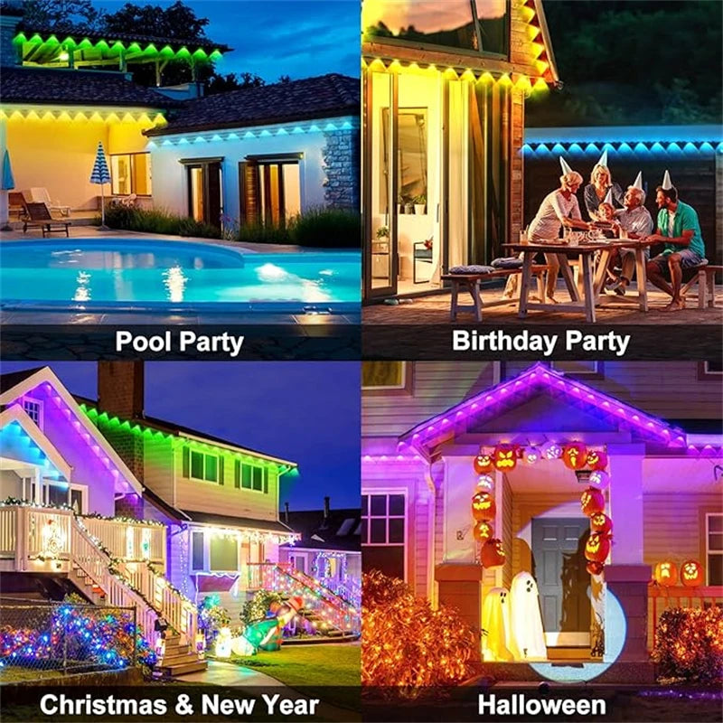 Vier Szenen mit permanenten Outdoor-RGBIC-Lichter für Pool-, Geburtstags-, Weihnachts- und Neujahrsdekoration