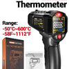 Black ANENG TH203 infrared thermometer device and box with a temperature gun shown.